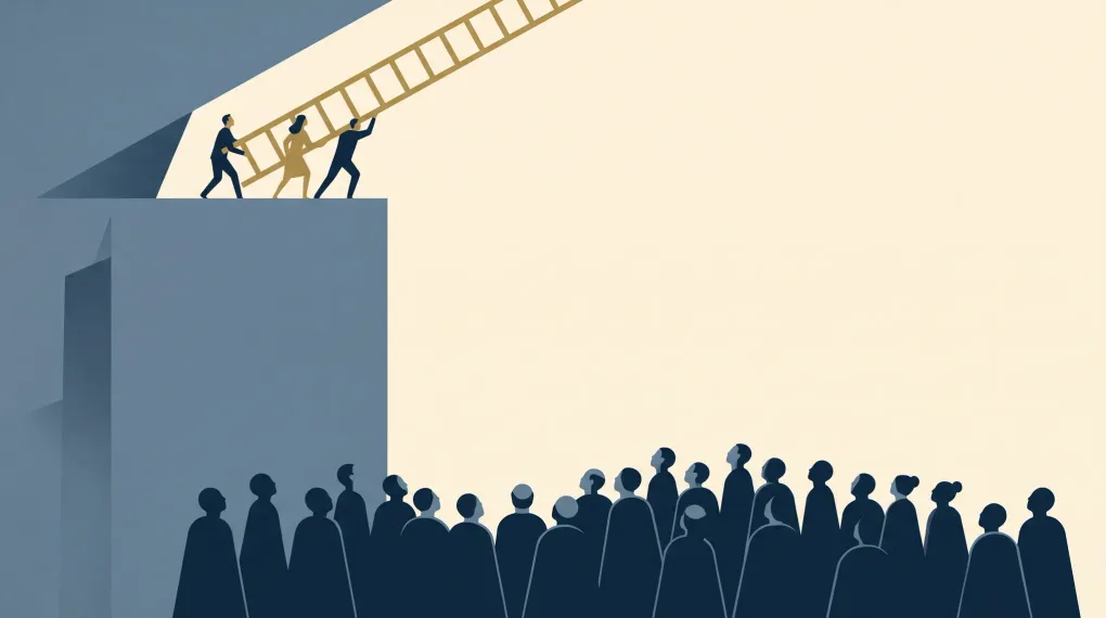 A few figures on a high plinth haul a golden ladder up behind them while a crowd below looks up at the bare wall.