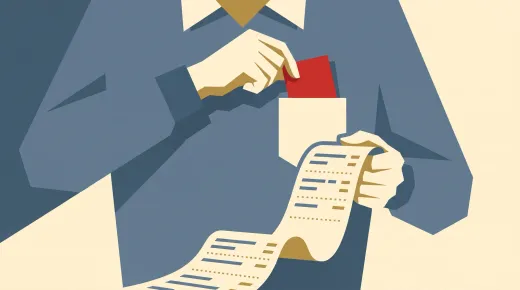A referee tucks a red card into a shirt pocket and holds up a long unspooling invoice instead.