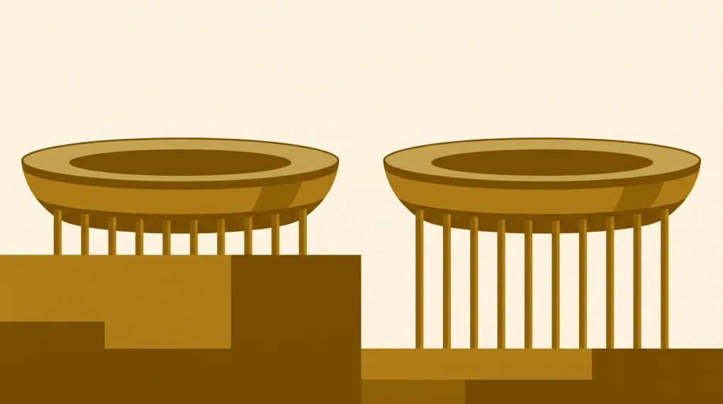 Two identical stadium bowls stand level with each other, but the ground has dropped away under the right one, so its supporting pillars are far longer.