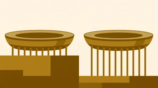 Two identical stadium bowls stand level with each other, but the ground has dropped away under the right one, so its supporting pillars are far longer.