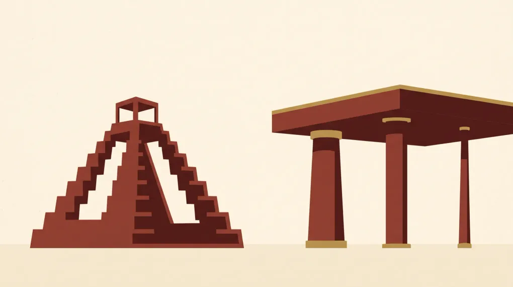 A hollow stepped pyramid stands empty and supporting nothing while, beside it, three plain columns carry the whole weight of the roof.